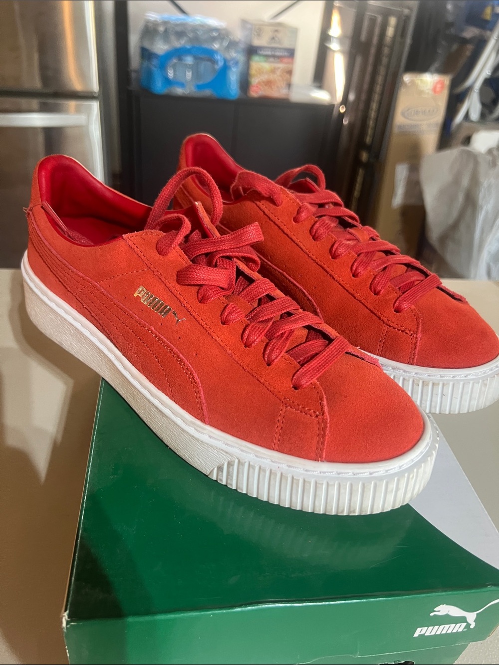 Puma Red Suede Platform Sneakers with White Sole